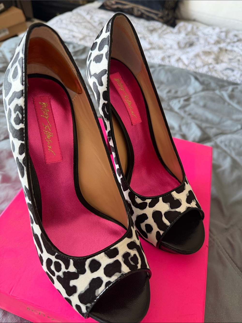 Betsy Johnson  Black & White Leopard Peep-Toe Heels with Pink Insole